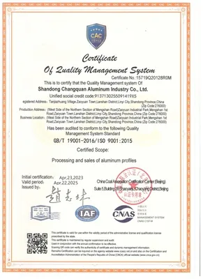 Iċ-Ċina Shandong Changquan Aluminum Industry Co., Ltd Takkwista Ċertifikazzjo...
